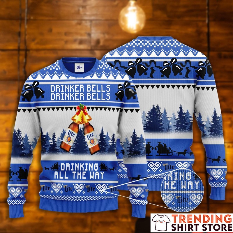 Miller Lite Christmas Ugly Sweater Drinker Bells Drinking All The Way