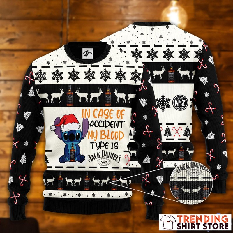 Stitch In Case Of Accident My Blood Type Is Jack Daniels Ugly Christmas Sweater