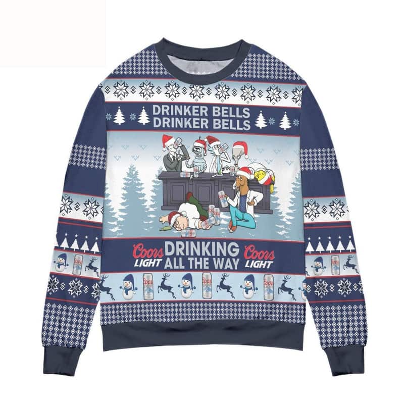 Drinking All The Way Coors Light Ugly Christmas Sweater Drinker Bells
