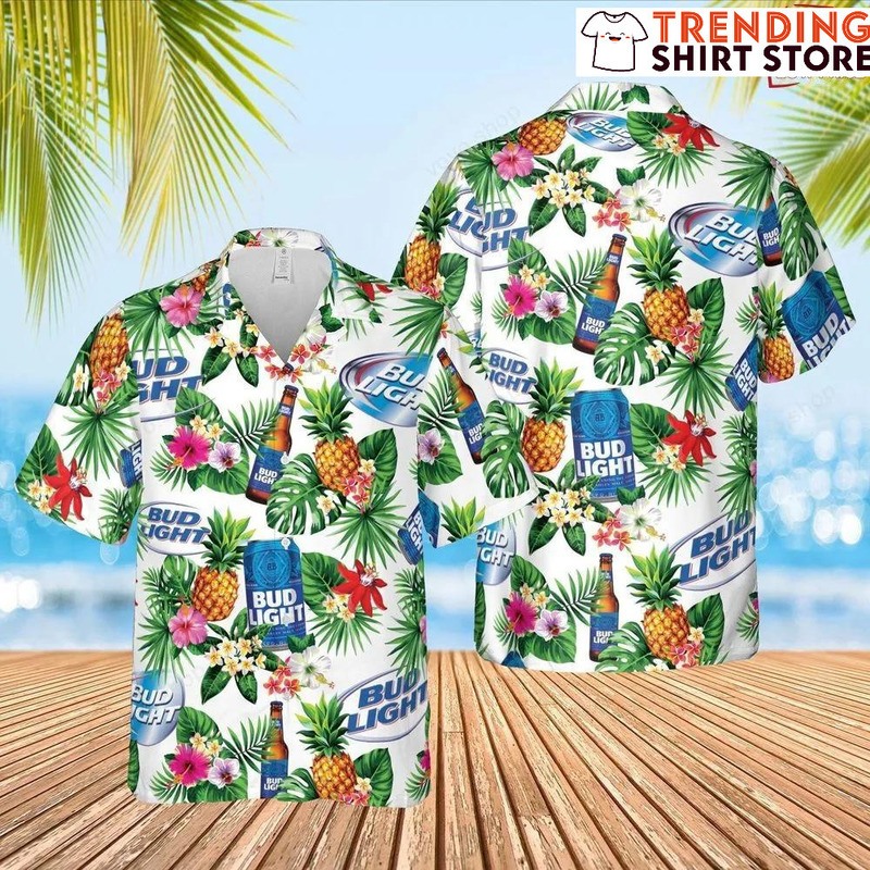 Bud Light Beer Hawaiian Shirt Pineapple Tropical Flower