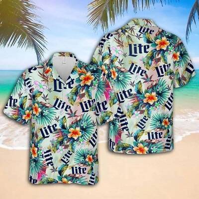 Miller Lite Hawaiian Shirt Colorful Tropical Flora