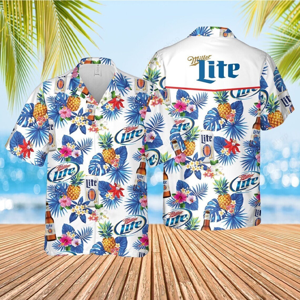 Miller Lite Hawaiian Shirt Tropical Flowers Pineapples For Summer Lovers
