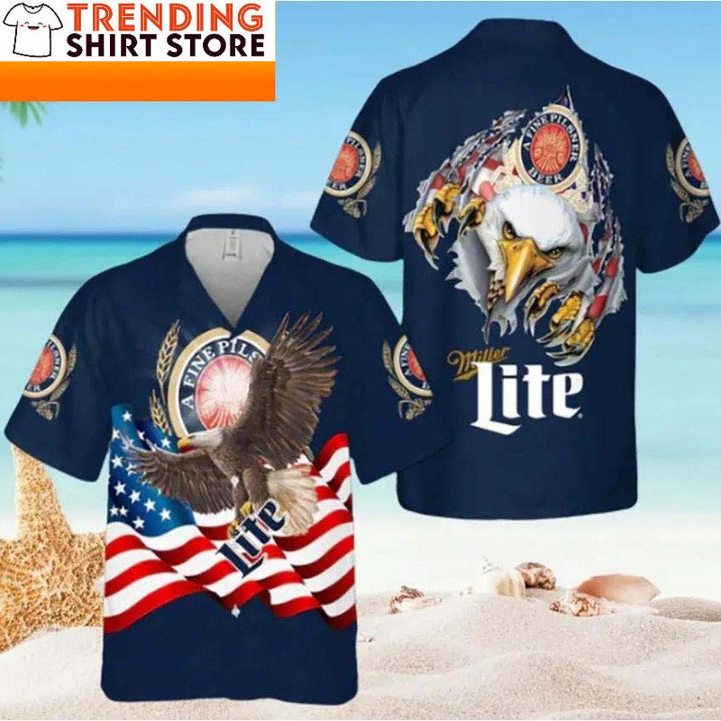 Miller Lite Hawaiian Shirt A Fine Pilsner US Bald Eagle Beer