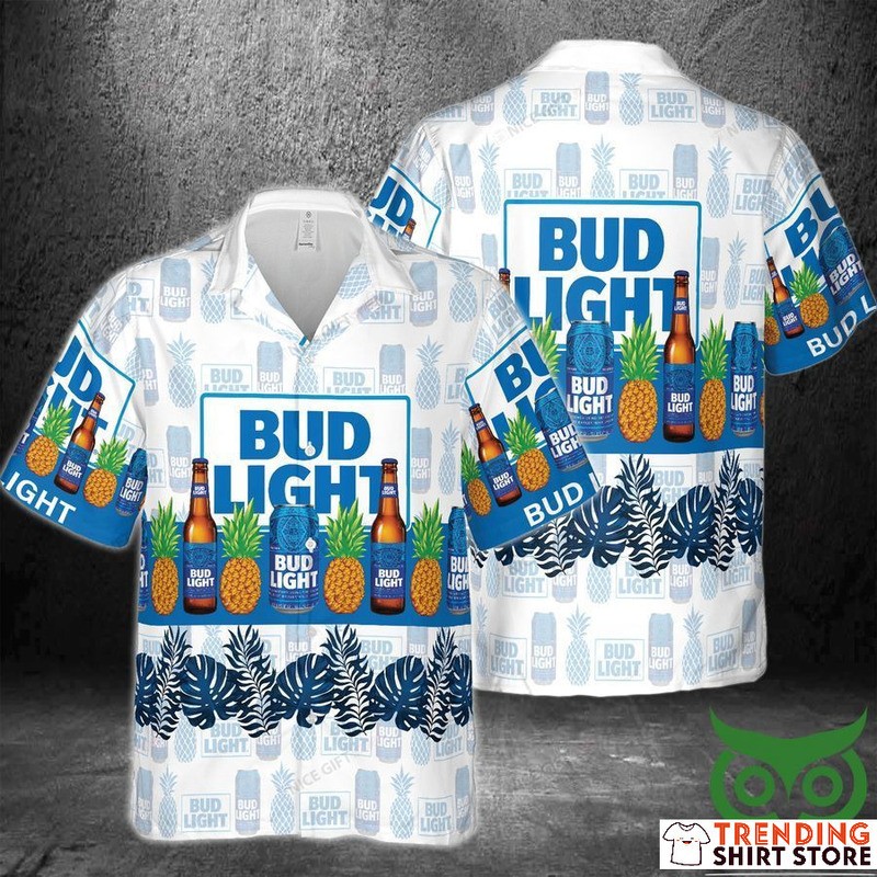 Bud Light Hawaiian Shirt Pineapple Blue Leaves For Beer Fans