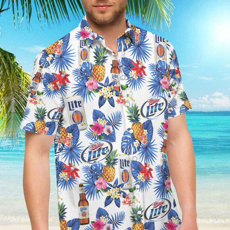 Miller Lite Hawaiian Shirt Tropical Summer Flowers And Pineapples For Beach Lovers