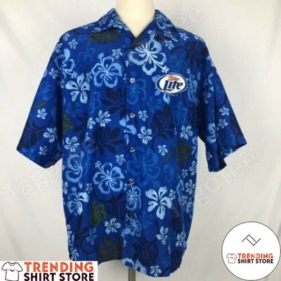 Miller Lite Hawaiian Shirt Blue Hibiscus Flowers