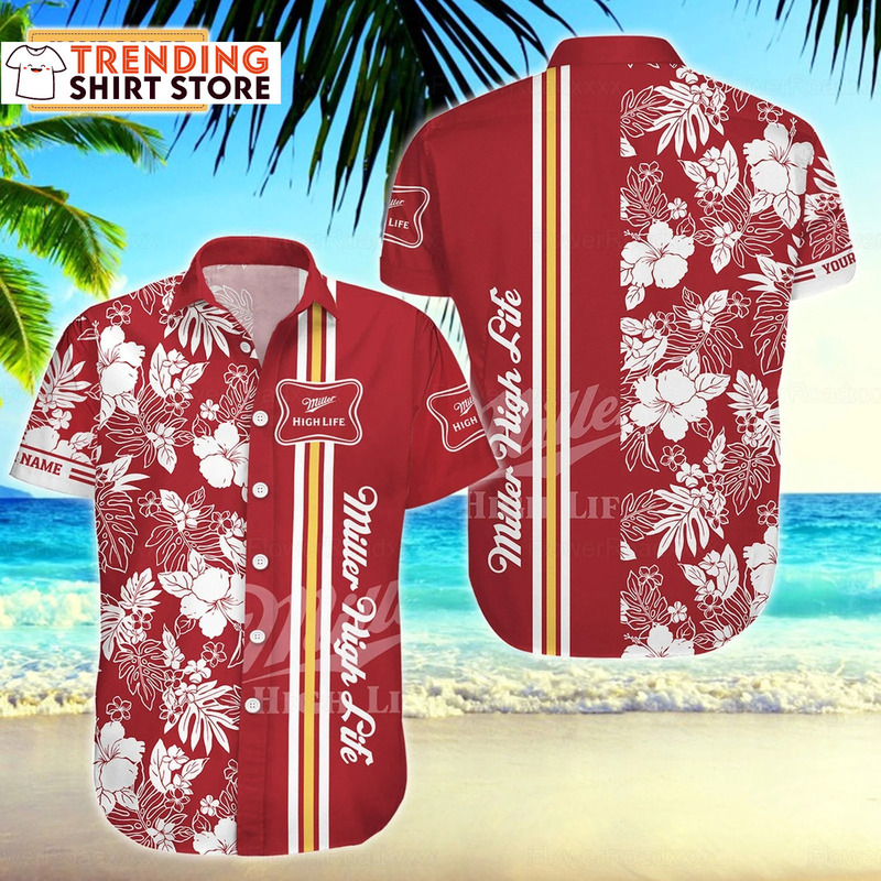 Miller High Life Hawaiian Shirt White Flowers Stripes Gift For Beach Lovers