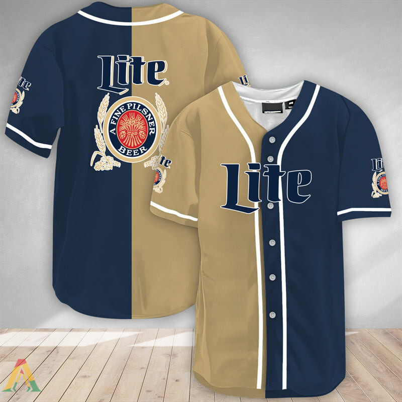 Beige And Navy Split Miller Lite Baseball Jersey A Fine Pilsner Beer