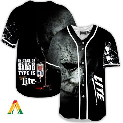 Michael Myers In Case Of Accident My Blood Type Is Miler Lite Baseball Jersey