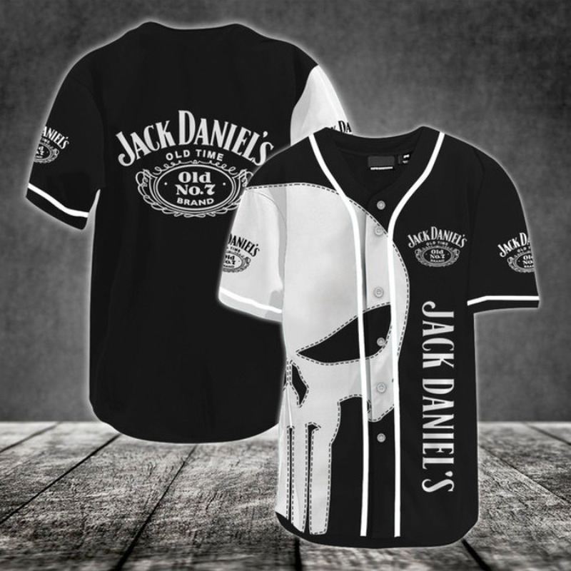 Jack Daniels Baseball Jersey Giant White Punisher Skull
