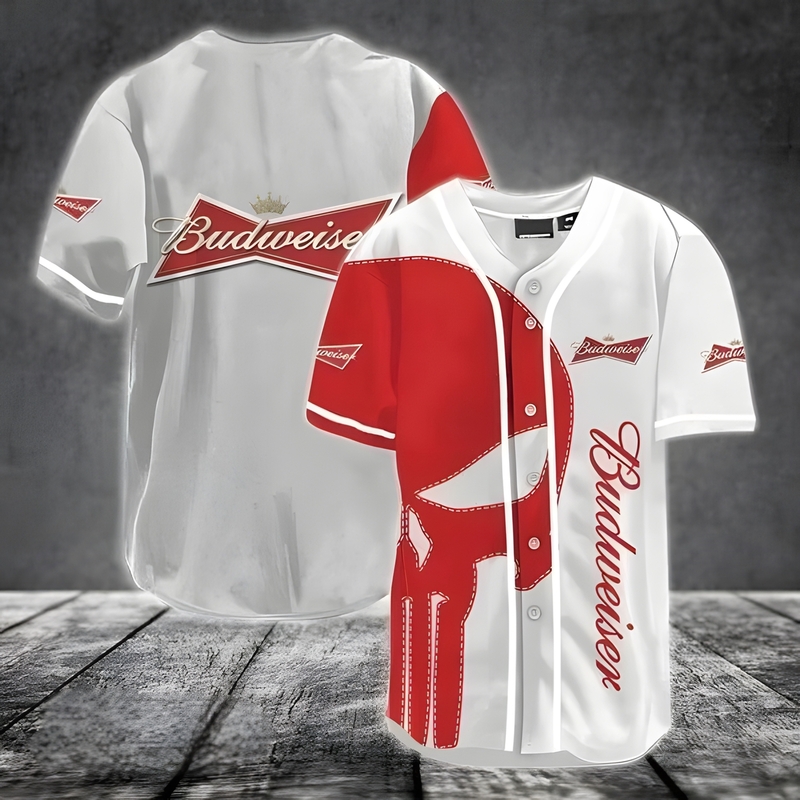 Red Skull Budweiser Baseball Jersey Gift For Beer Drinkers