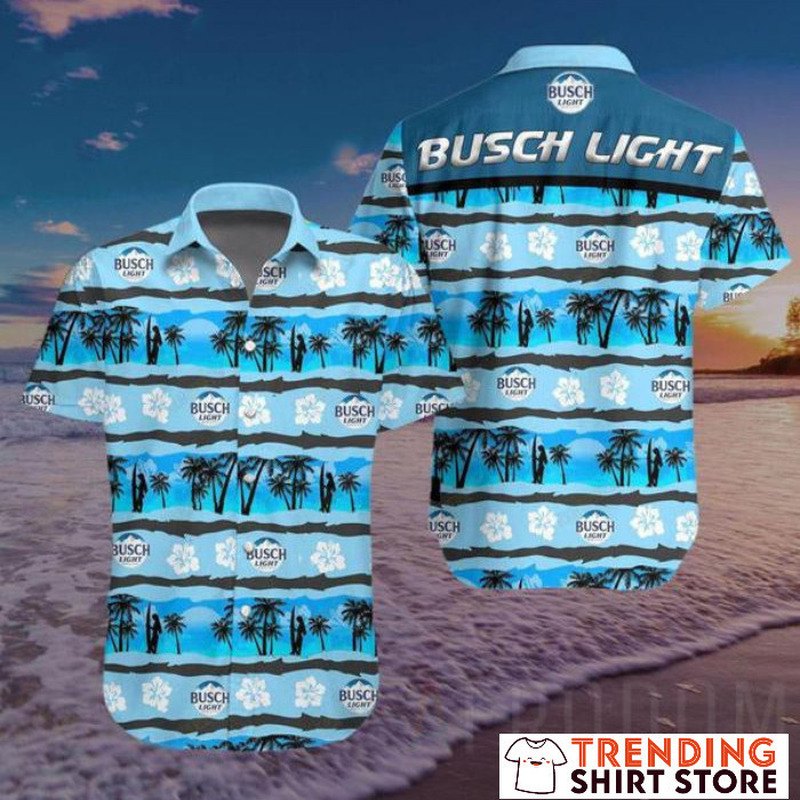 Busch Light Hawaiian Shirt Tropical Flora And Palm Beach For Surfing Lovers