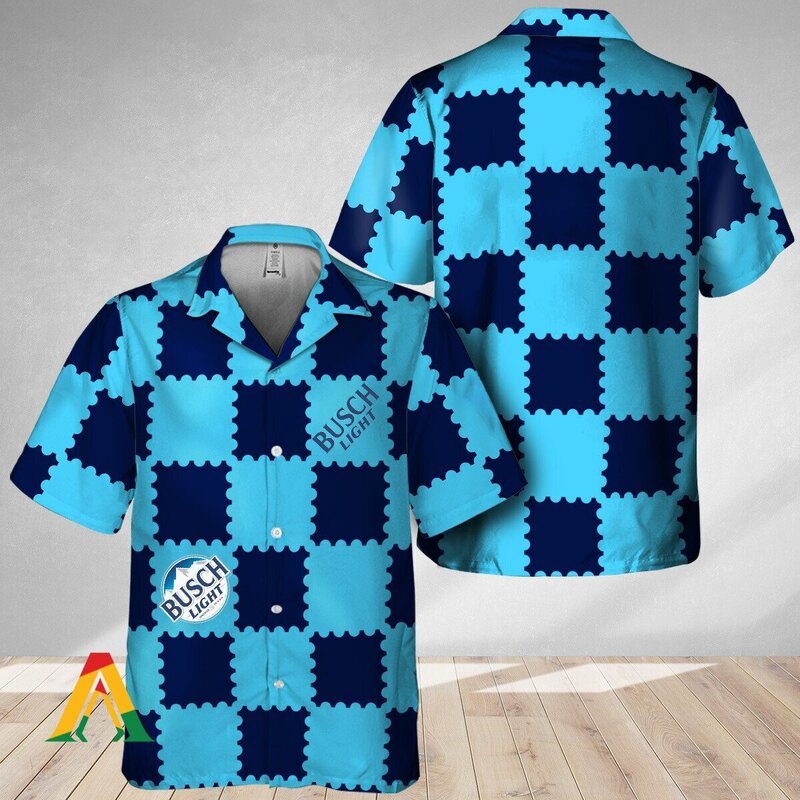 Busch Light Hawaiian Shirt Blue Gingham Pattern Gift For Beer Drinkers