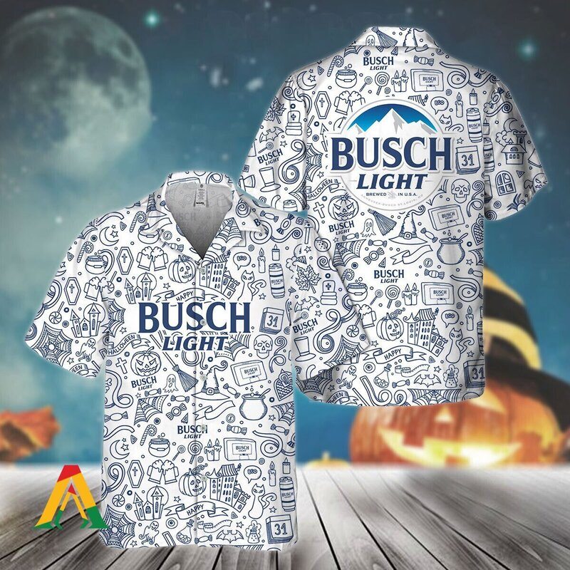 Busch Light Hawaiian Shirt Happy Halloween Doodle Art