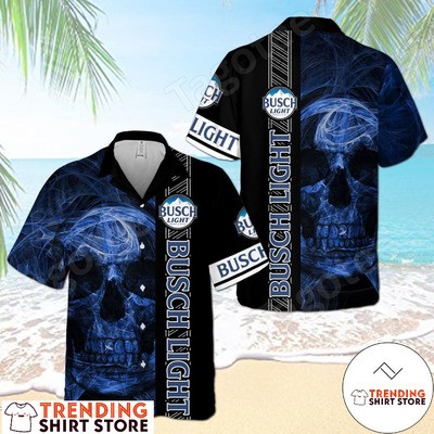 Busch Light Hawaiian Shirt Blue Smoky Skull