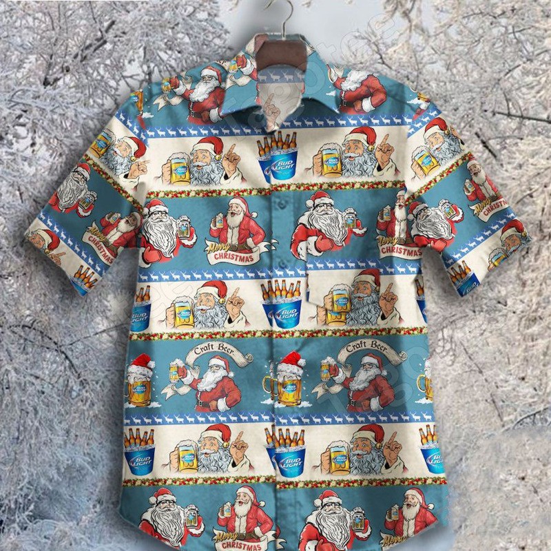 Santa Claus Merry Christmas With Bud Light Beer Hawaiian Shirt