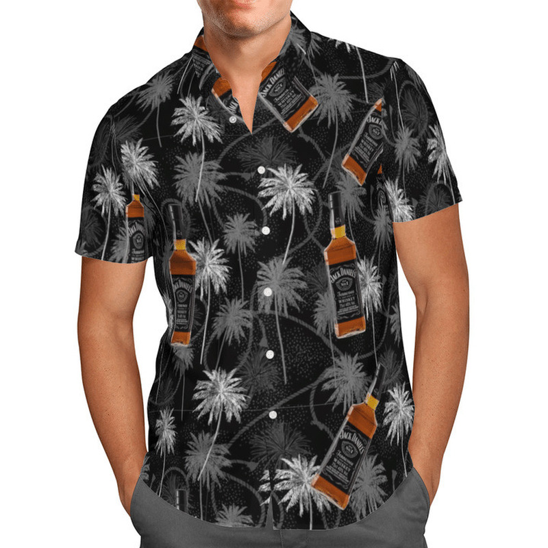 Jack Daniels Tennessee Whiskey Hawaiian Shirt Gray Palm Trees For Beach Lovers