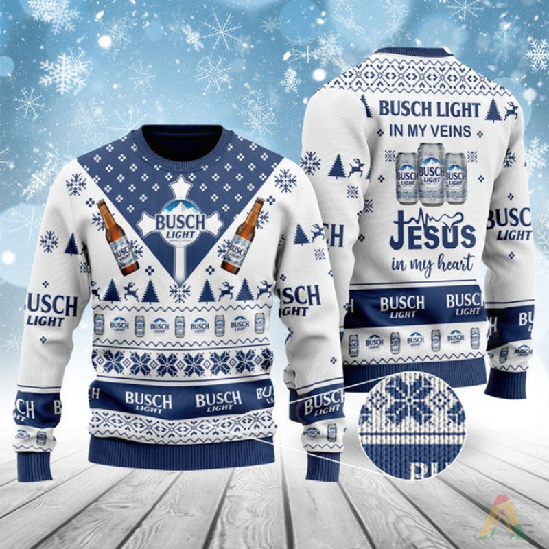 Busch Light Ugly Christmas Sweater In My Veins Jesus In My Heart