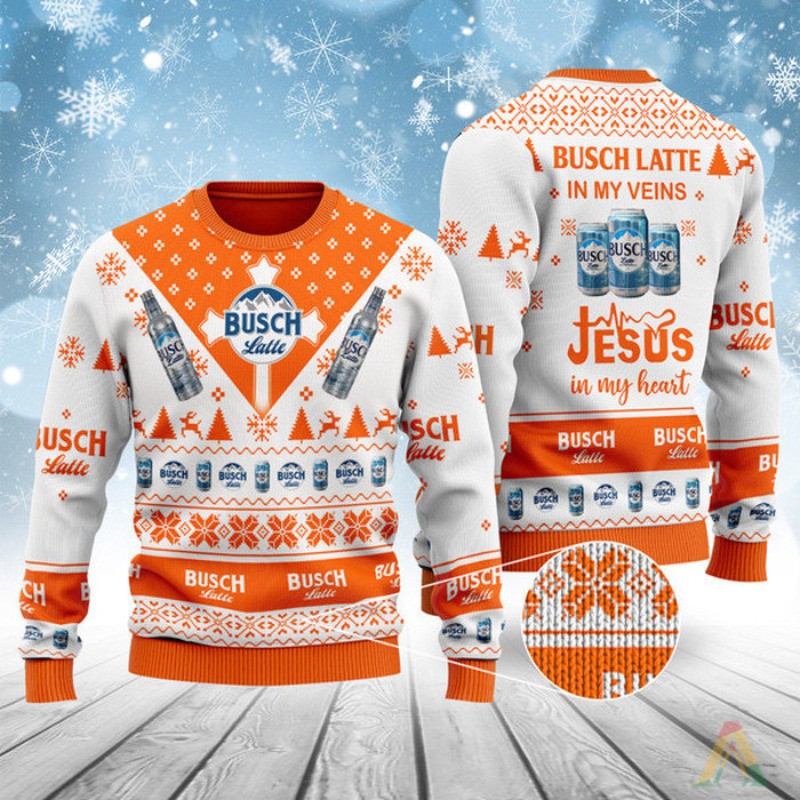 Busch Latte In My Veins Jesus In My Heart Christmas Sweater
