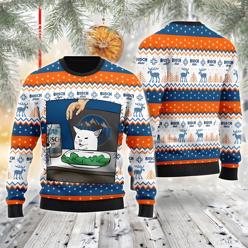 Busch Latte Christmas Sweater Funny Smudge The Cat Loves Busch Gift For Beer Lovers