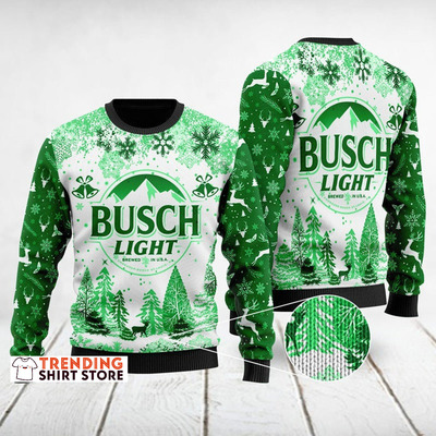 Busch Light Ugly Christmas Sweater Christmas Deer Snowflakes Pine Trees