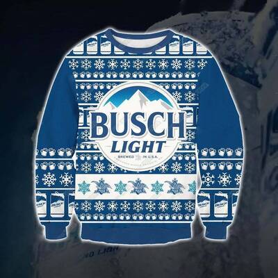 Busch Light Ugly Christmas Sweater Brewed In USA Mountain Snowflakes Pattern