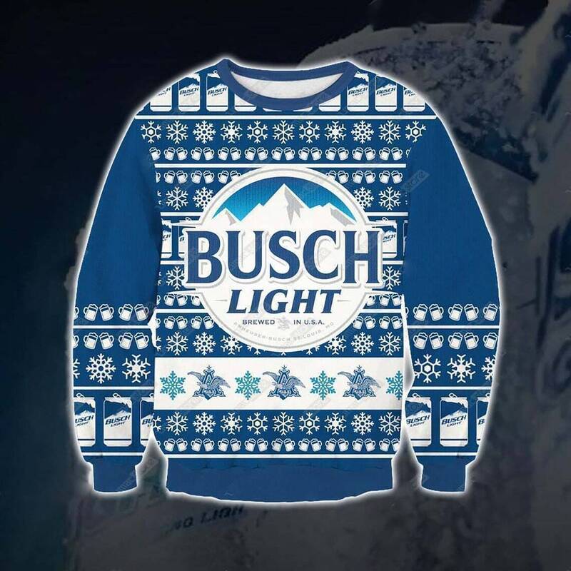 Busch Light Ugly Christmas Sweater Brewed In USA Mountain Snowflakes Pattern