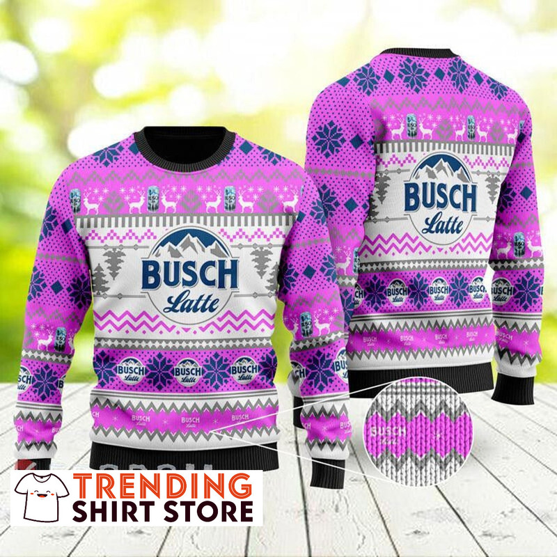 Busch Latte Christmas Sweater Deer Snowflakes And Pine Trees Purple Christmas