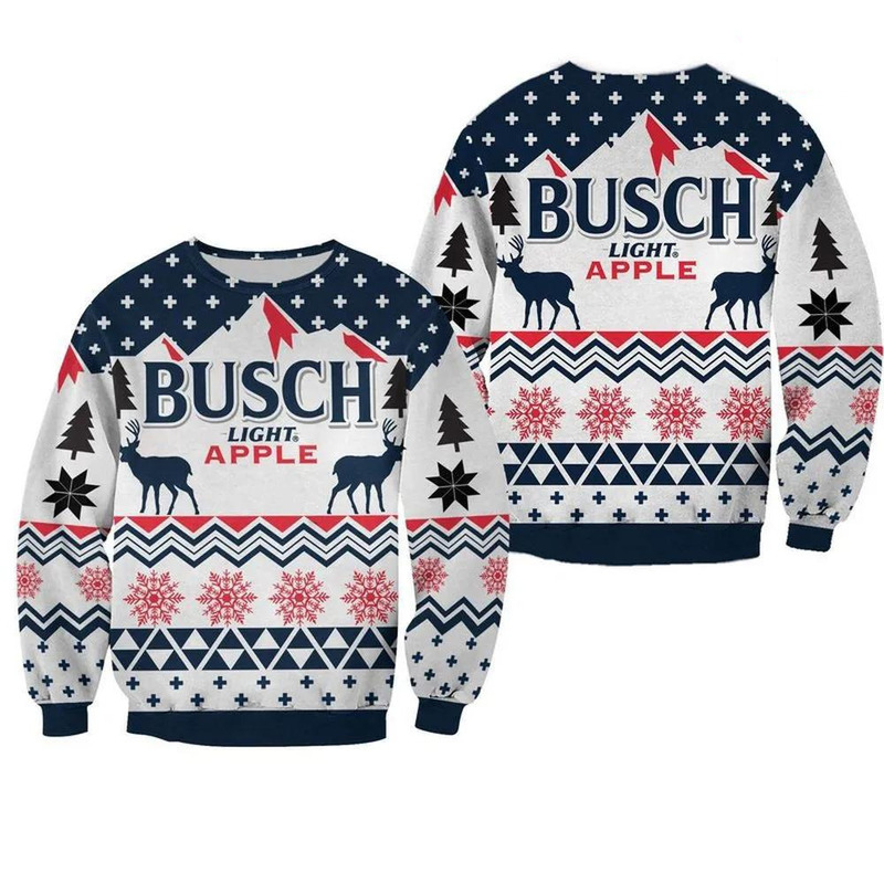 Vintage Busch Light Apple Ugly Christmas Sweater Christmas Deers And Snowflakes