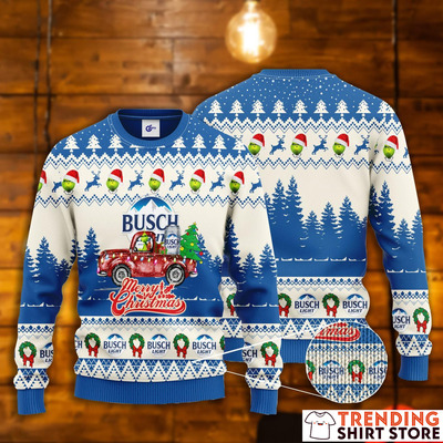 Busch Light Ugly Christmas Sweater Grinch Driving With Merry Christmas