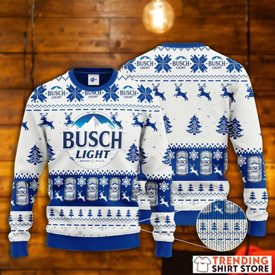 Busch Light Ugly Christmas Sweater Snowy Day With Reindeer Pattern