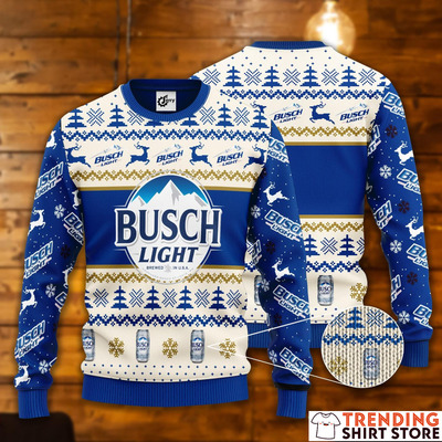 Busch Light Ugly Christmas Sweater Reindeer Pine Trees Snowflakes