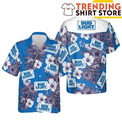Bud Light Hawaiian Shirt Grey Flora On Blue Theme