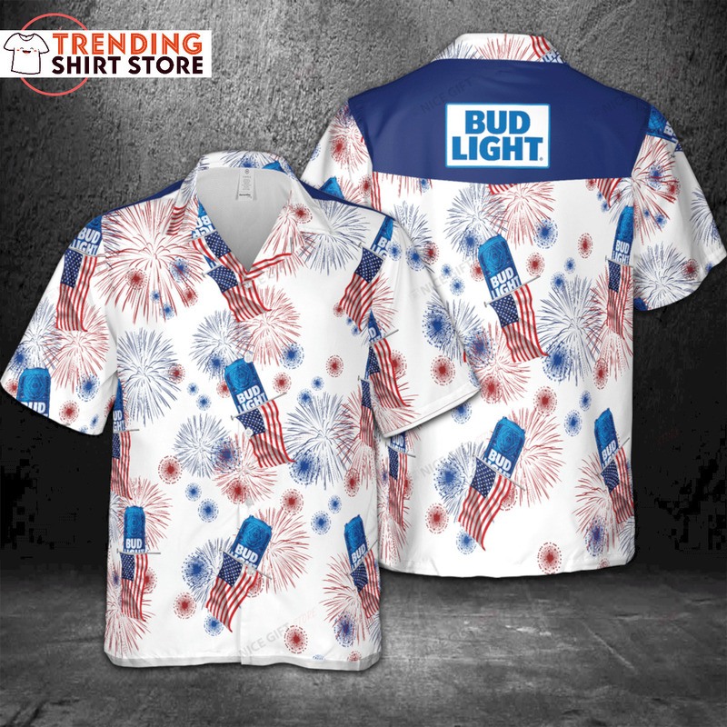 Bud Light Hawaiian Shirt July 4th Independence Day American Flag Fireworks