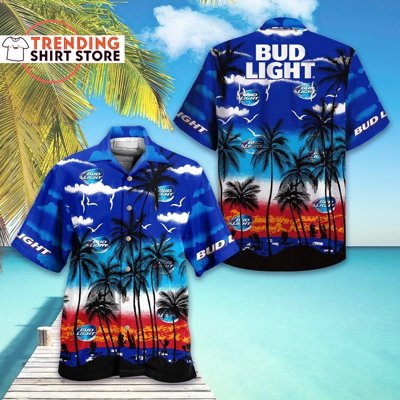 Vintage Bud Light Hawaiian Shirt Blue Sky Palm Tree Summer Beach