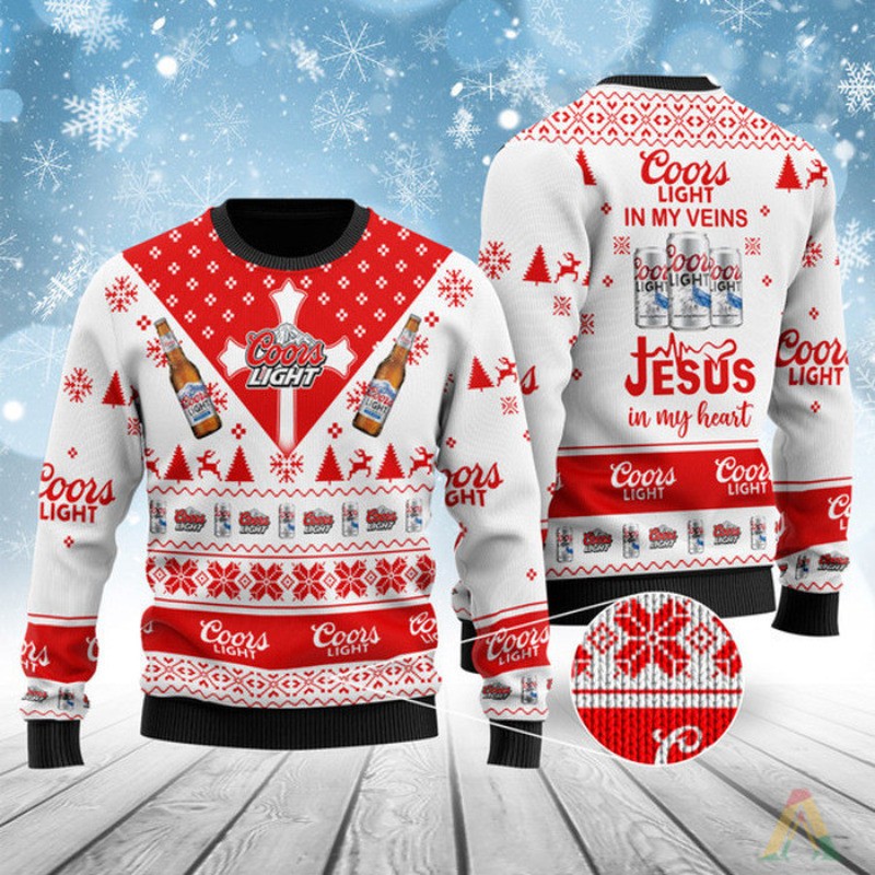 Coors Light Ugly Christmas Sweater In My Veins Jesus In My Heart