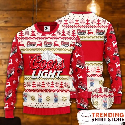 Coors Light Ugly Christmas Sweater Red Snowflakes Pine Trees Reindeer