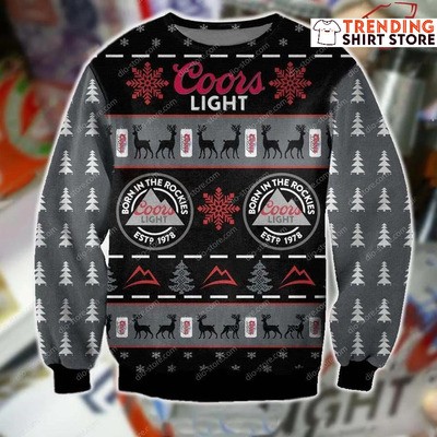 Coors Light Ugly Christmas Sweater Born In The Rockies Black And Gray Theme