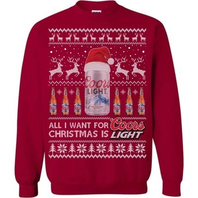 Red All I Want For Christmas Is Coors Light Ugly Christmas Sweater Santa Hat