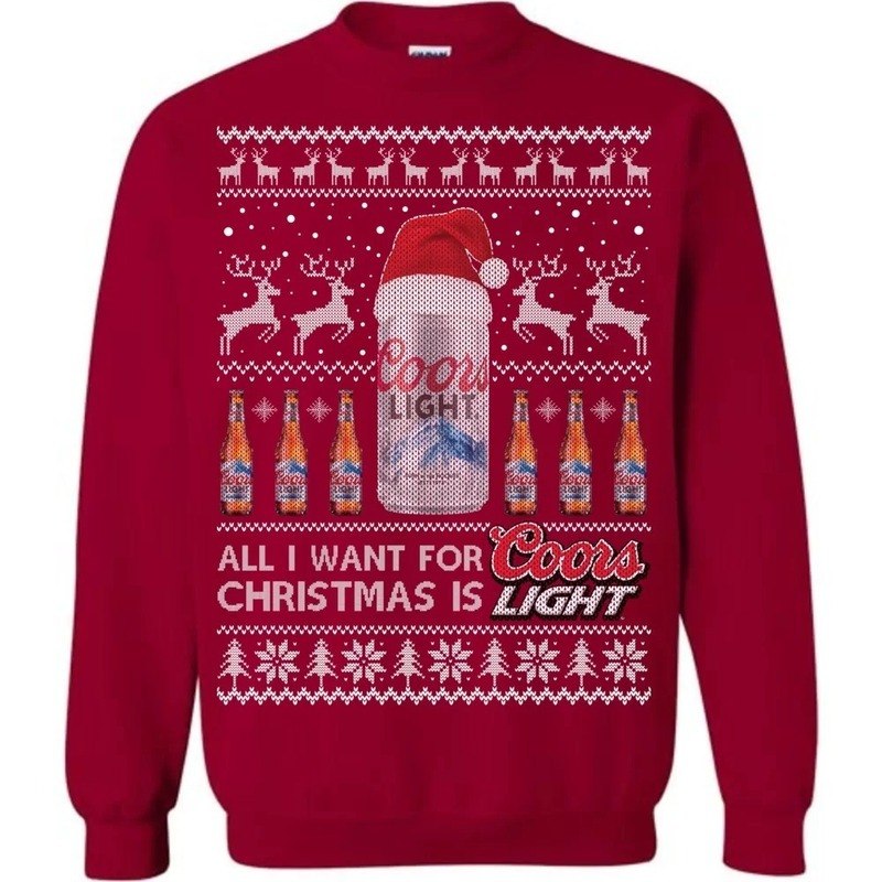 Red All I Want For Christmas Is Coors Light Ugly Christmas Sweater Santa Hat