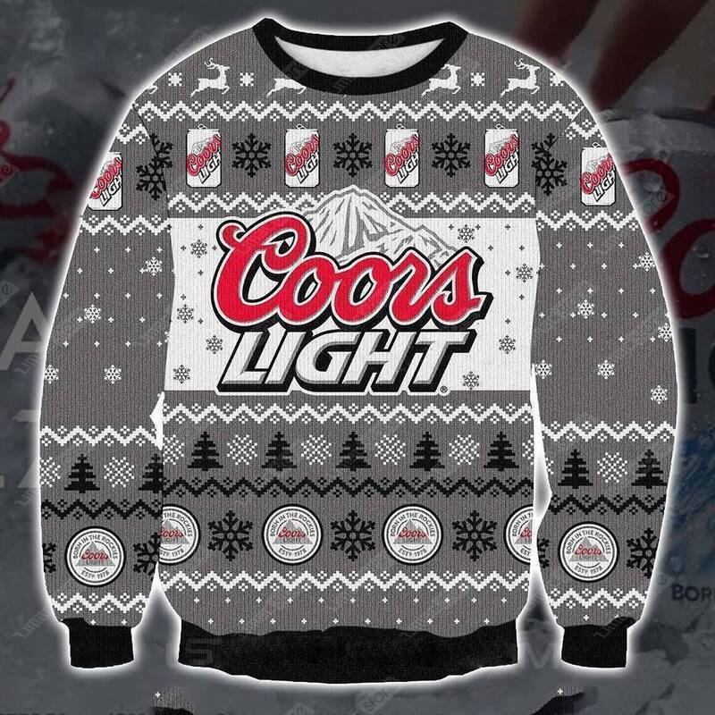 Coors Light Beer Ugly Christmas Sweater Gray And White Snowflakes And Pine Trees