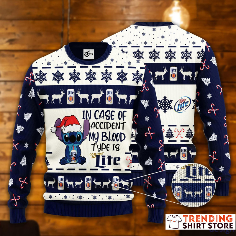 Stitch In Case Of Accident My Blood Type Is Miller Lite Christmas Sweater