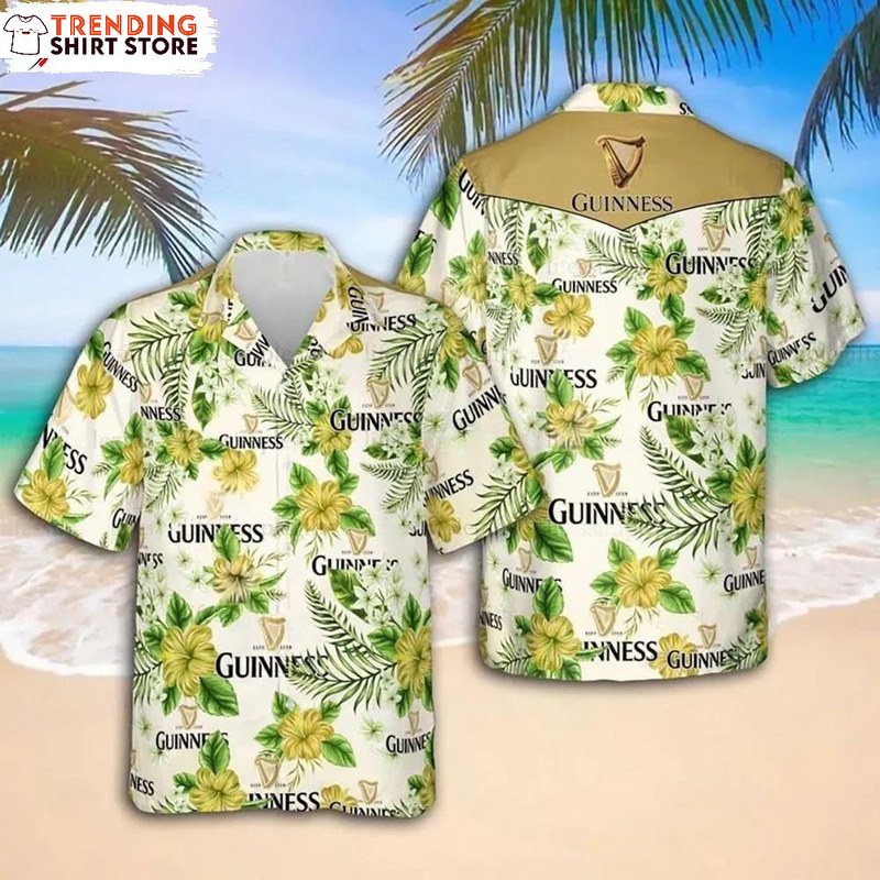 Guinness Hawaiian Shirt Bright Yellow And Green Flora