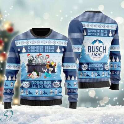 Busch Light Ugly Christmas Sweater Funny Drinker Bells Drinking All The Way