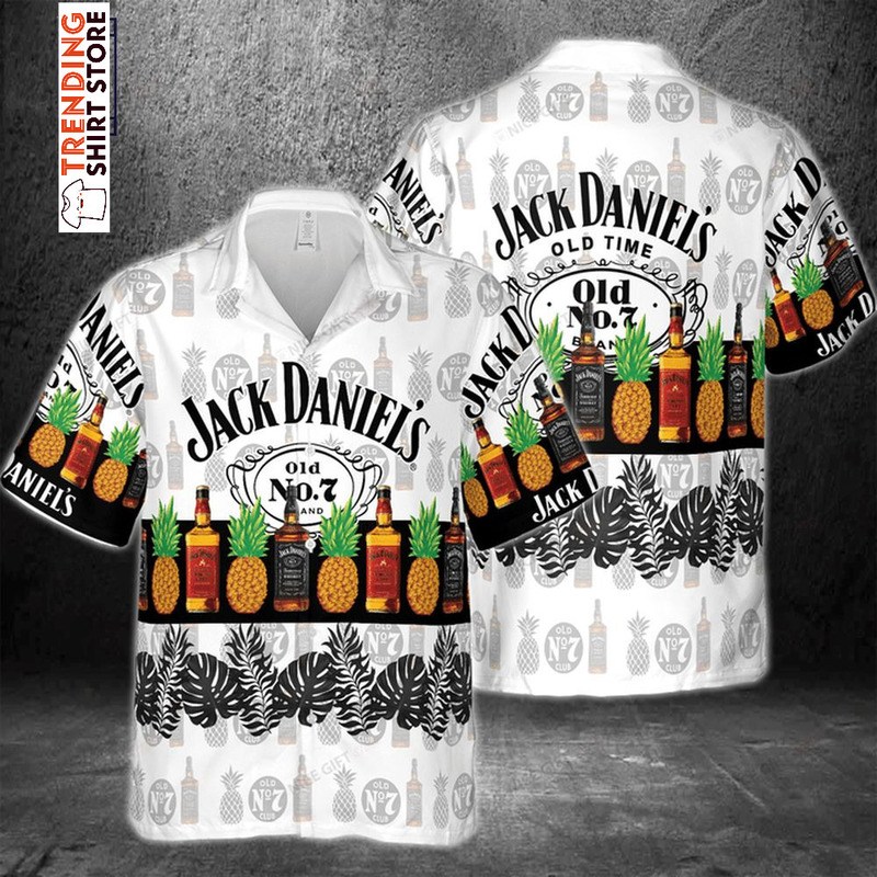 Jack Daniels Hawaiian Shirt Pineapples Tropical Leaves And Wine