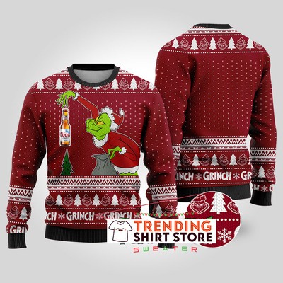 Funny Red Grinch Stealing Coors Light Ugly Christmas Sweater