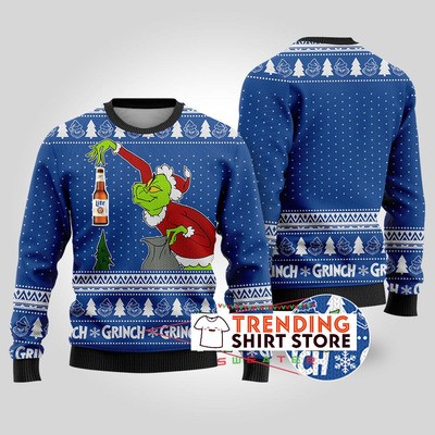 Funny Grinch Stealing Miller Lite Ugly Sweater Royal