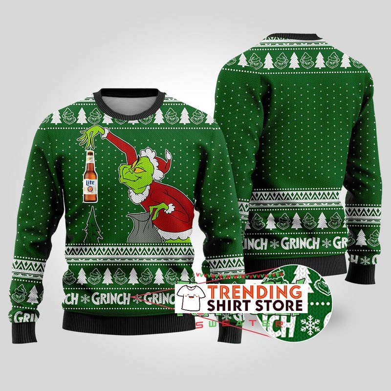 Forest Green Funny Grinch Miller Lite Ugly Sweater