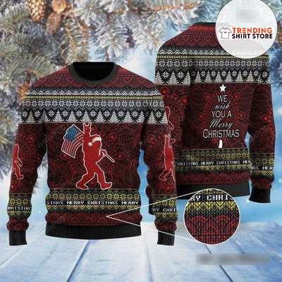 American Flag Bigfoot Ugly Christmas Sweater We Wish You A Merry Christmas