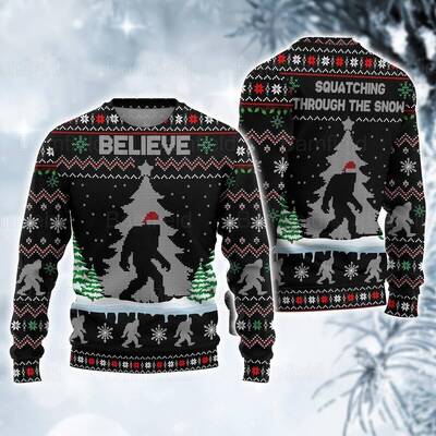 Bigfoot Ugly Christmas Sweater Squatching Through The Snow